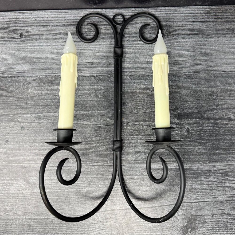 Vintage Black Wrought Iron 2 Candle Wall‎ Sconce Double Candle Holder